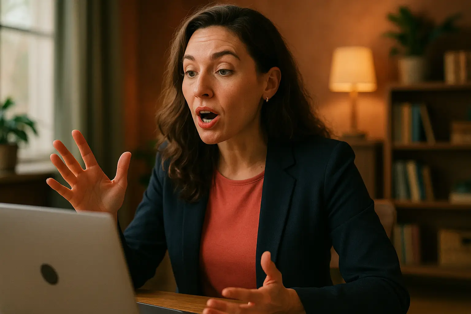 женщина говорит по видеосвязи с жестом руки