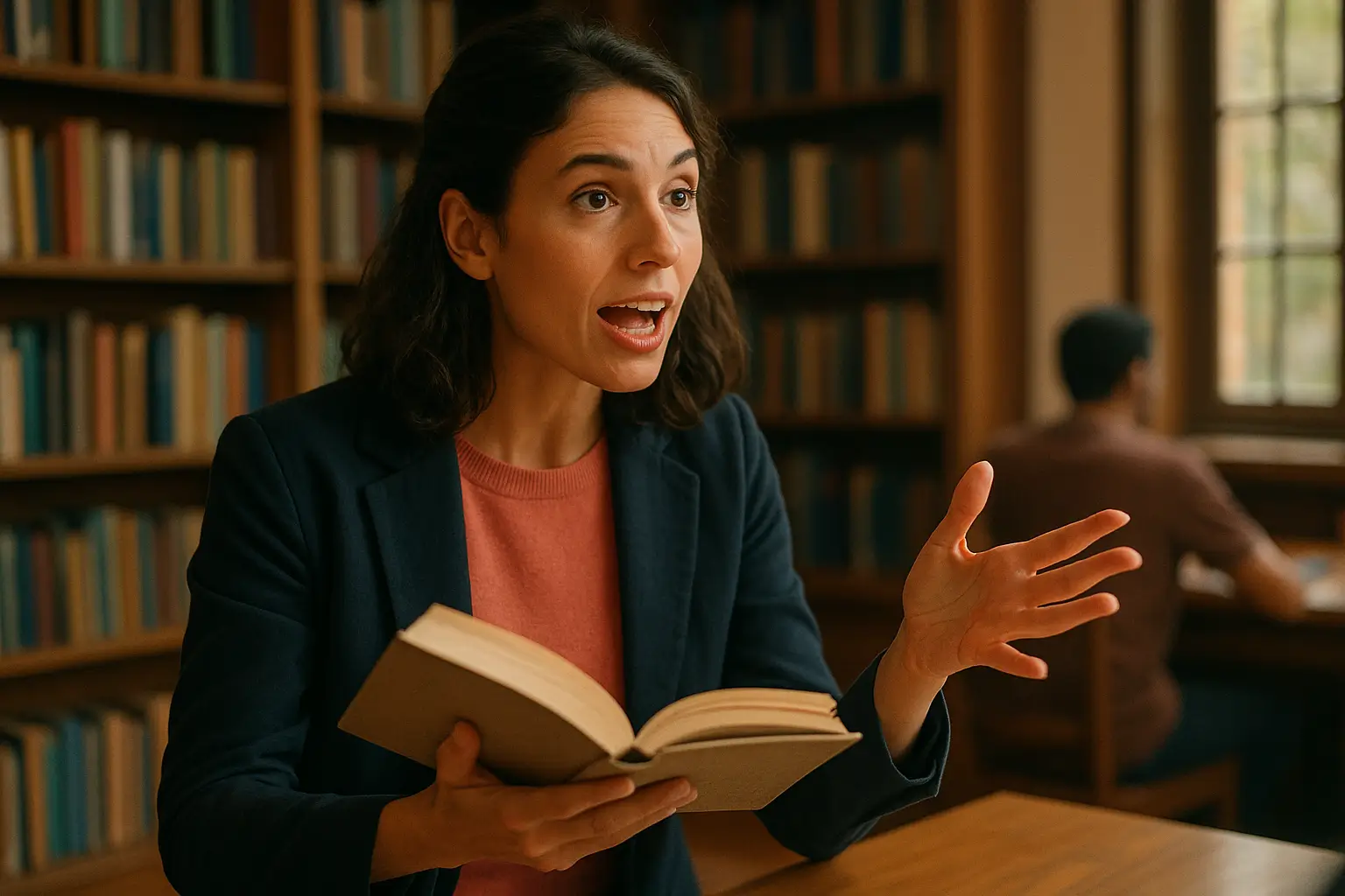 женщина в библиотеке обсуждает с жестами