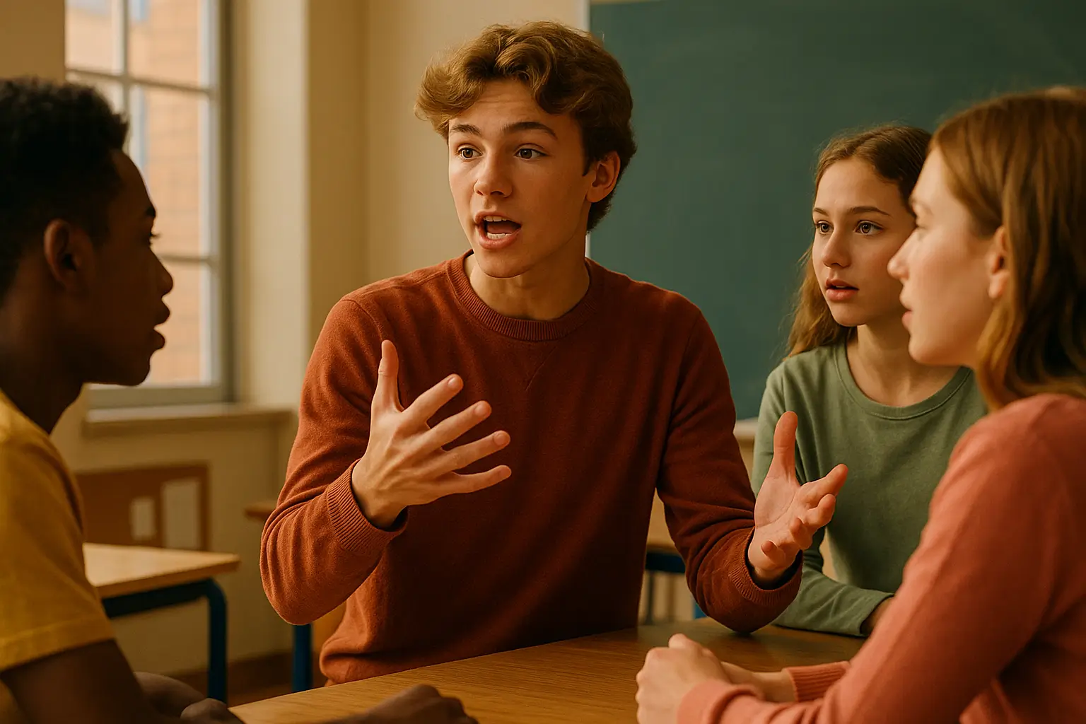 подросток объясняет с эмоциональными жестами в классе