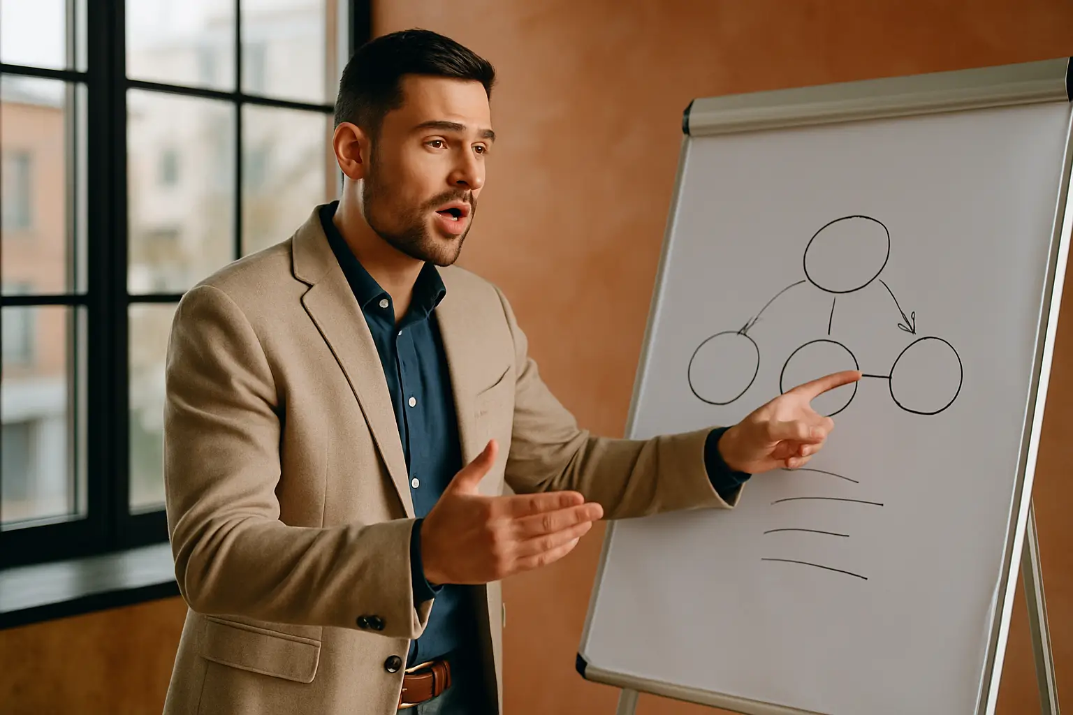 мужчина говорит, показывая на флипчарт