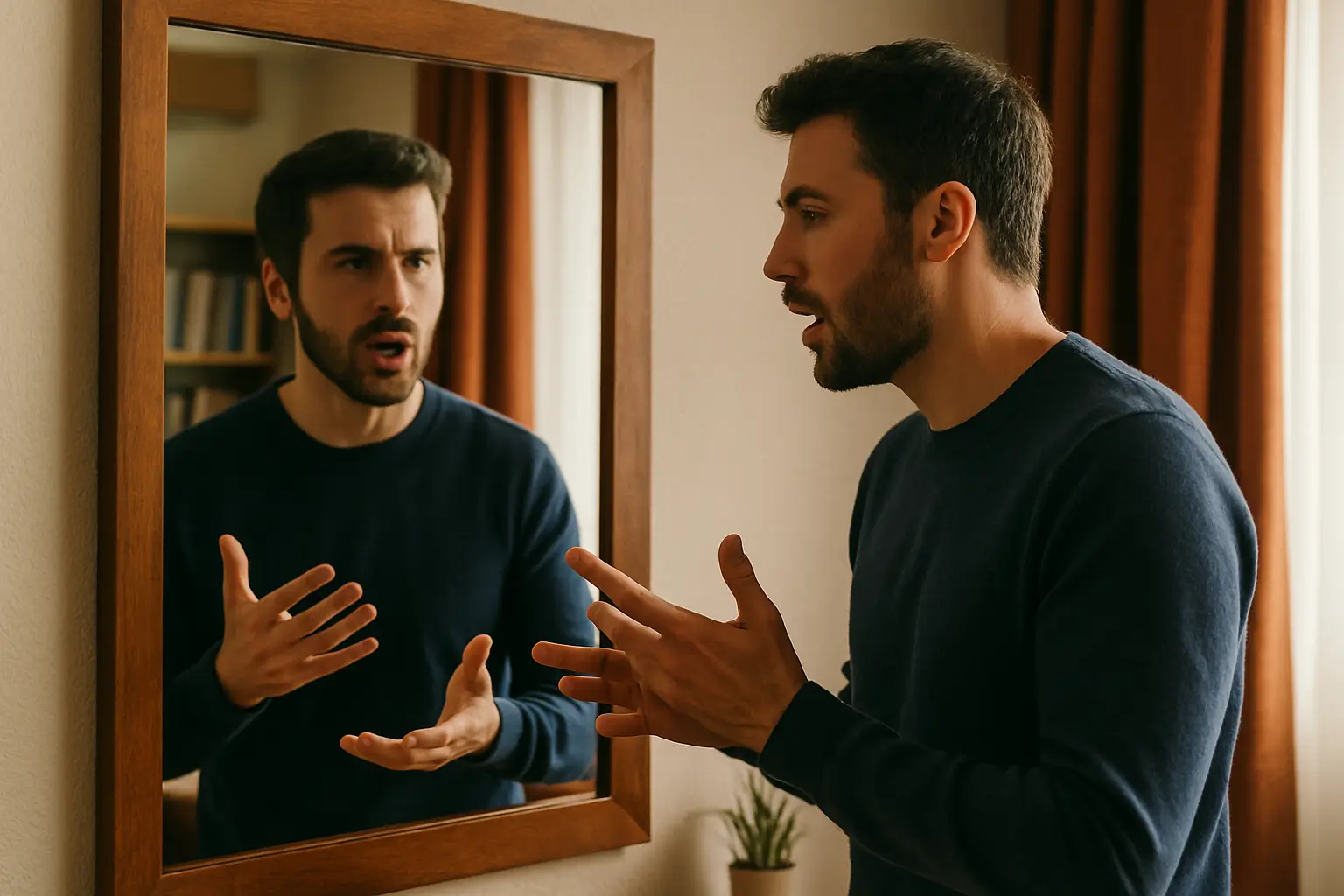 мужчина отрабатывает речь перед зеркалом