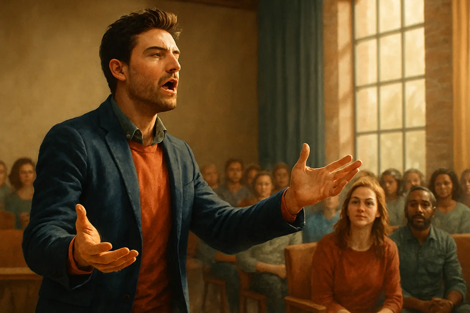 человек выступает перед аудиторией с выразительным жестом