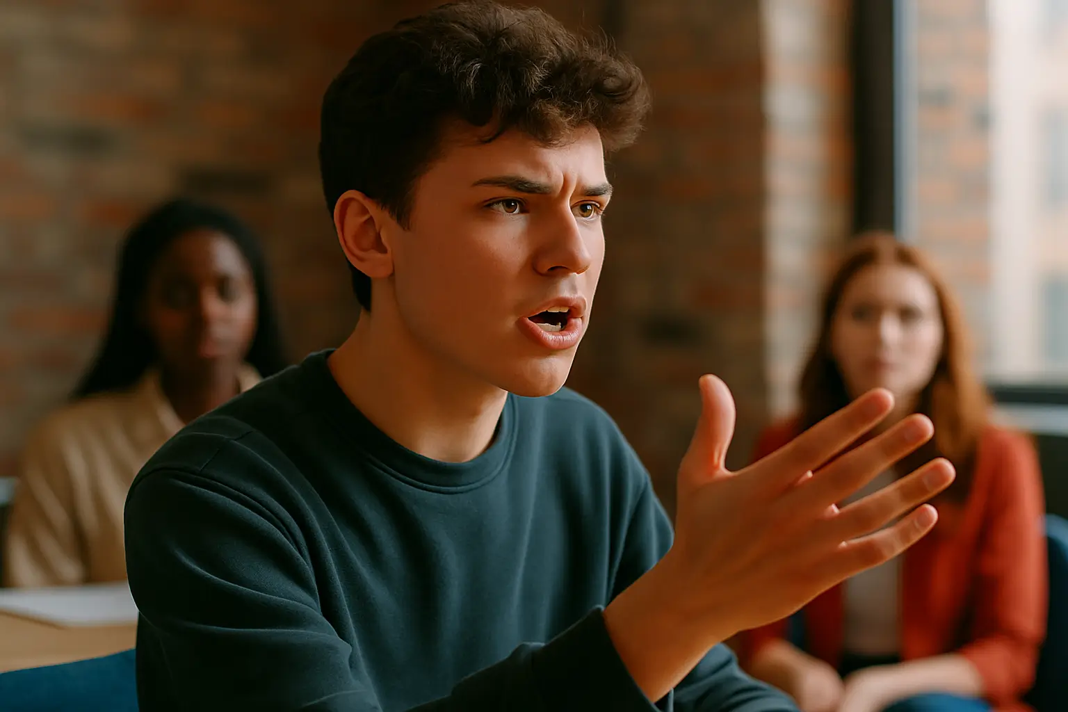 юноша спорит на дебатах с жестом